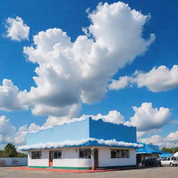 A whimsical, floating store nestled in puffy white clouds against a bright blue sky.