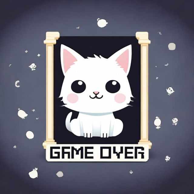 A game over screen with a cute white cat in the middle