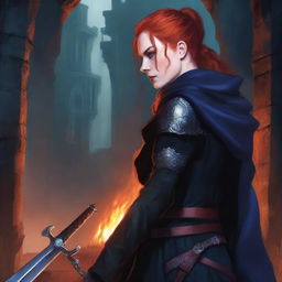 A high quality book cover featuring a red-haired mercenary woman dressed in black robes