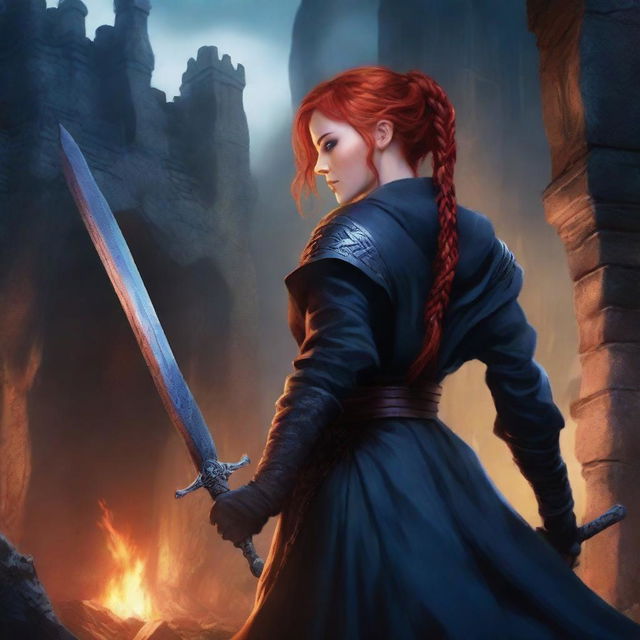 A high quality book cover featuring a red-haired mercenary woman dressed in black robes