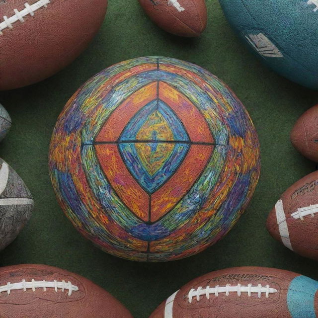 A vibrantly colored football brimming with a variety of shades and patterns.