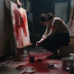 A dark and intense scene of a painter experiencing creative block