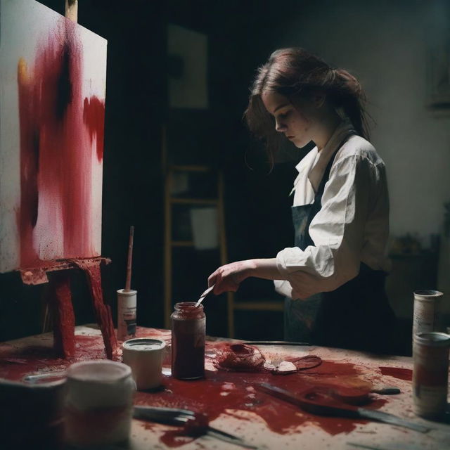 A dark and intense scene of a painter experiencing creative block