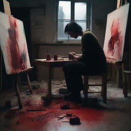 A dark and intense scene of a painter experiencing creative block