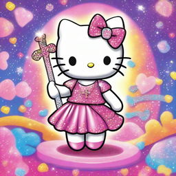 A sparkling, bedazzled Hello Kitty holding a cross, with lots of glitter and shiny gems adorning her outfit