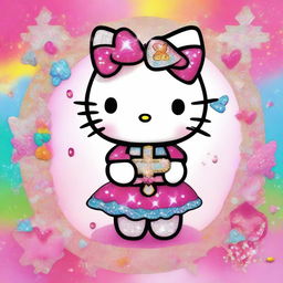 A sparkling, bedazzled Hello Kitty holding a cross, with lots of glitter and shiny gems adorning her outfit