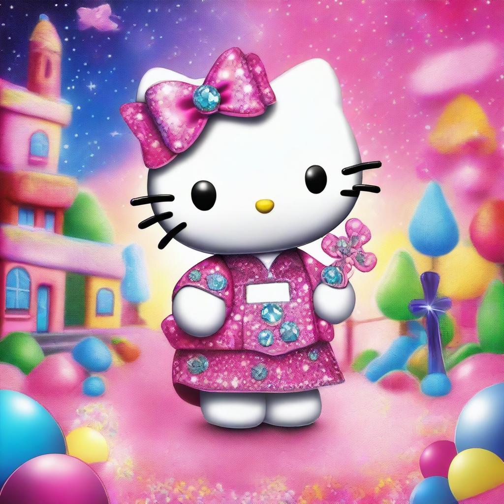 A sparkling, bedazzled Hello Kitty holding a cross, with lots of glitter and shiny gems adorning her outfit