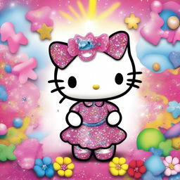 A sparkling, bedazzled Hello Kitty holding a cross, with lots of glitter and shiny gems adorning her outfit