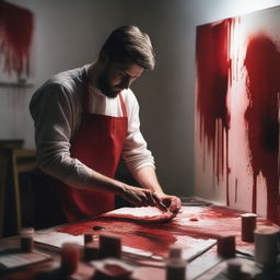 An artist in a studio creating a piece of blood art