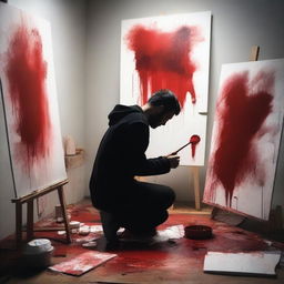 An artist in a studio creating a piece of blood art