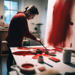 An artist in a studio creating a piece of blood art