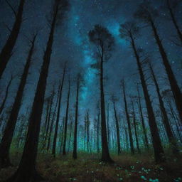 A vivid, surreal, and heavily contrasted image of a bioluminescent forest under a starry night sky.