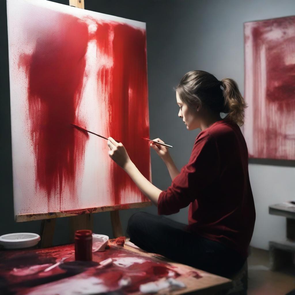 An artist in a studio creating a piece of blood art