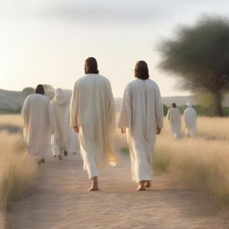 A serene image depicting Christ walking with a small group of followers through a peaceful landscape