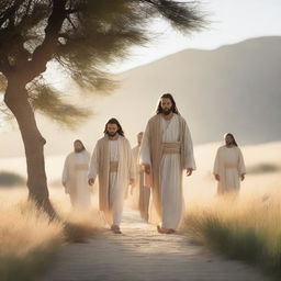 A serene image depicting Christ walking with a small group of followers through a peaceful landscape