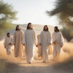 A serene image depicting Christ walking with a small group of followers through a peaceful landscape