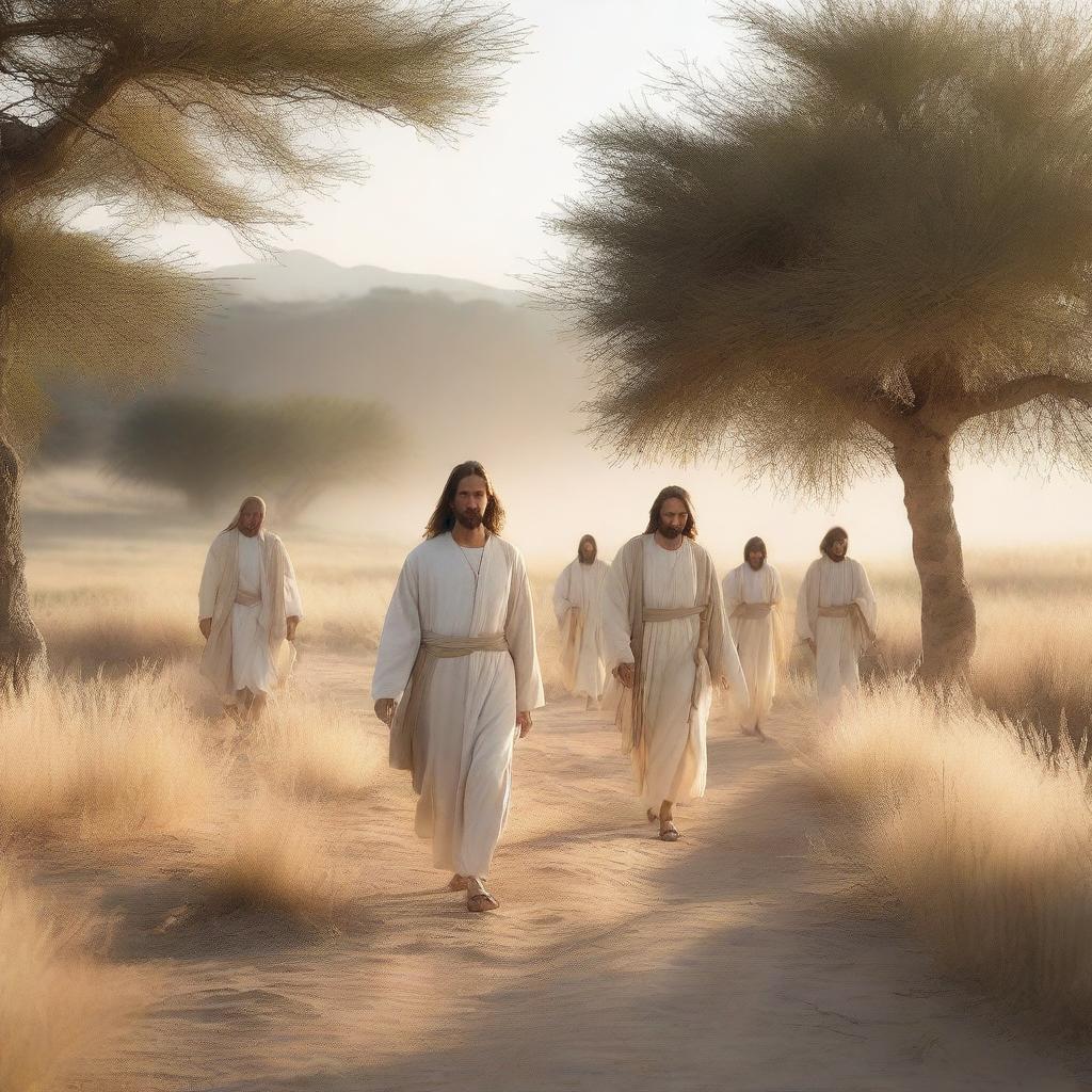 A serene image depicting Christ walking with a small group of followers through a peaceful landscape