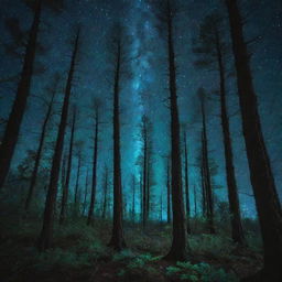 A vivid, surreal, and heavily contrasted image of a bioluminescent forest under a starry night sky.