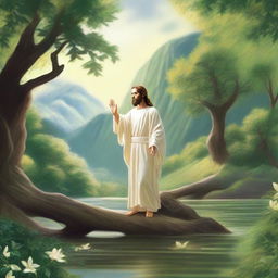 Create an image of Christ on Earth, surrounded by nature