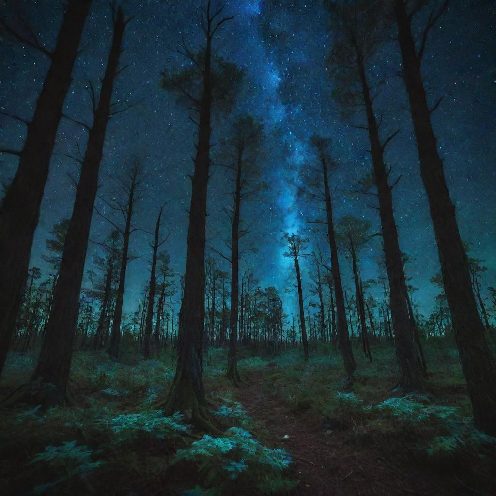 A vivid, surreal, and heavily contrasted image of a bioluminescent forest under a starry night sky.