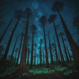 A vivid, surreal, and heavily contrasted image of a bioluminescent forest under a starry night sky.