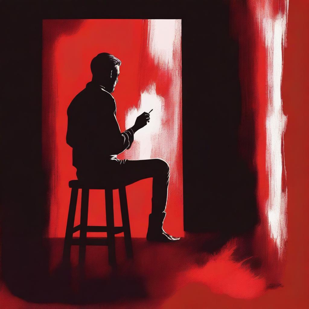 Create a film poster featuring a dark and intense scene of an artist painting on a red canvas