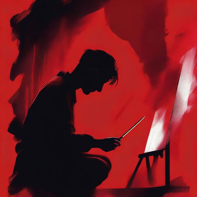 Create a film poster featuring a dark and intense scene of an artist painting on a red canvas