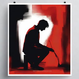 Create a film poster featuring a dark and intense scene of an artist painting on a red canvas