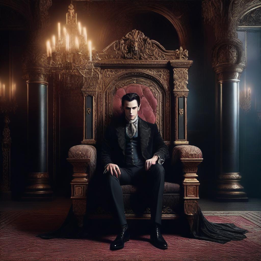 A glamorous vampire sitting regally on a grand throne, dressed in elegant, gothic attire with intricate details