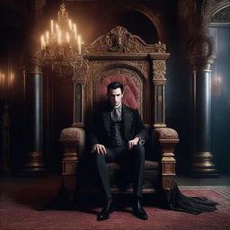 A glamorous vampire sitting regally on a grand throne, dressed in elegant, gothic attire with intricate details