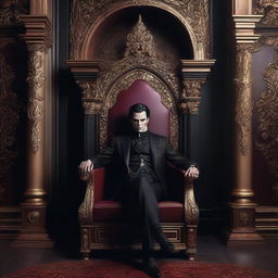 A glamorous vampire sitting regally on a grand throne, dressed in elegant, gothic attire with intricate details