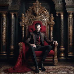 A glamorous vampire sitting regally on a grand throne, dressed in elegant, gothic attire with intricate details