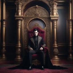 A glamorous vampire sitting regally on a grand throne, dressed in elegant, gothic attire with intricate details