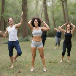 A humorous scene of wellness retreat where participants are cheerfully engaging in quirky exercises, surrounded by a serene natural environment.