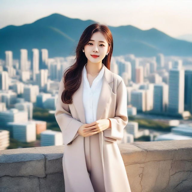 A beautiful young Korean woman with a cute and charming appearance, wearing fashionable Korean-style clothing