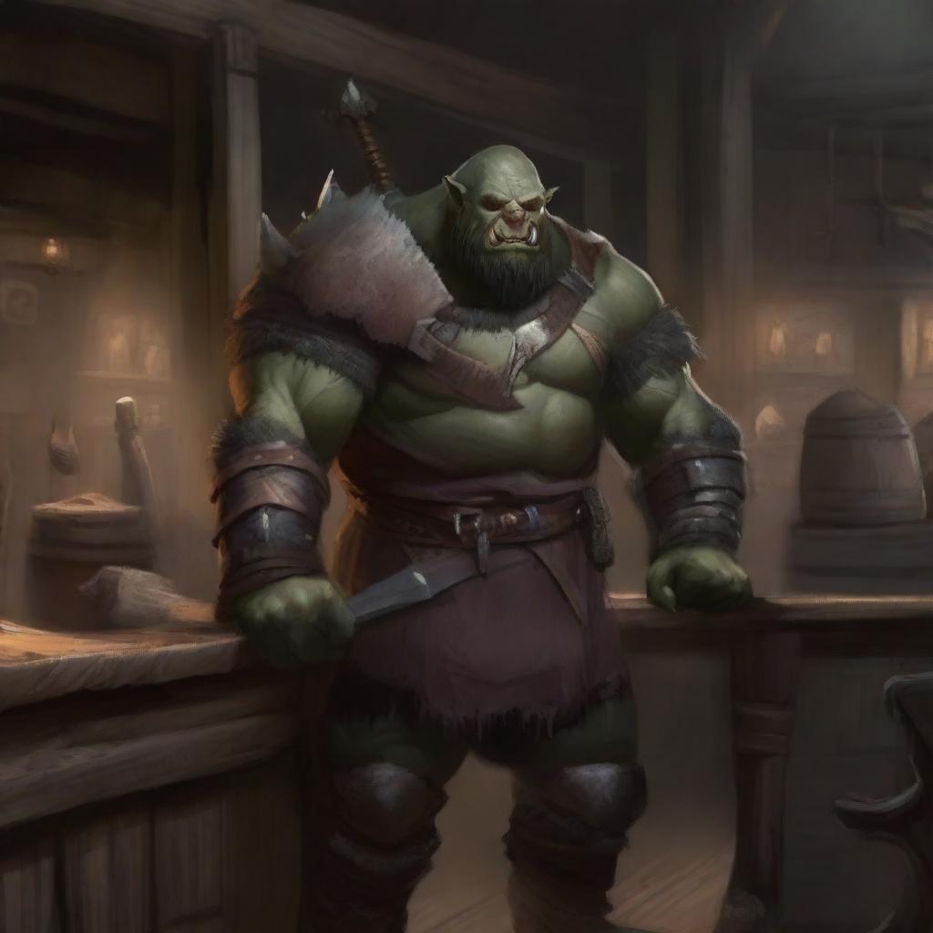 A large Sheorc standing behind a rustic tavern's bar