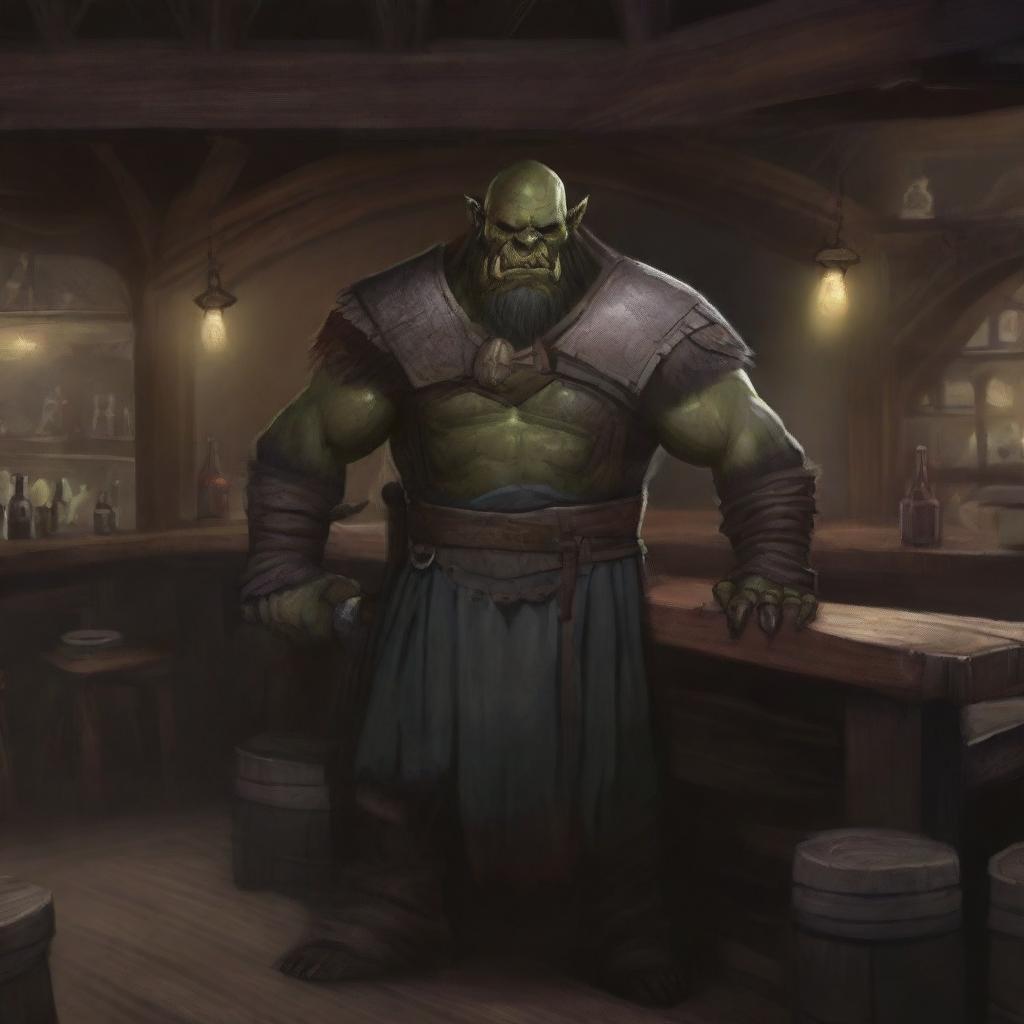 A large Sheorc standing behind a rustic tavern's bar