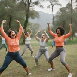 A humorous scene of wellness retreat where participants are cheerfully engaging in quirky exercises, surrounded by a serene natural environment.