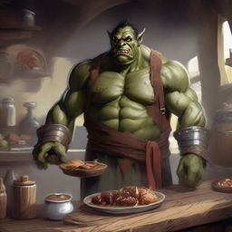 A gigantic orc in a medieval setting, wearing a tattered apron and holding a large tray of food