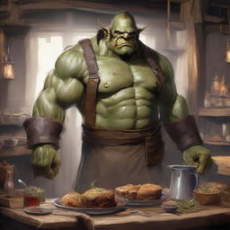 A gigantic orc in a medieval setting, wearing a tattered apron and holding a large tray of food