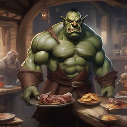 A gigantic orc in a medieval setting, wearing a tattered apron and holding a large tray of food