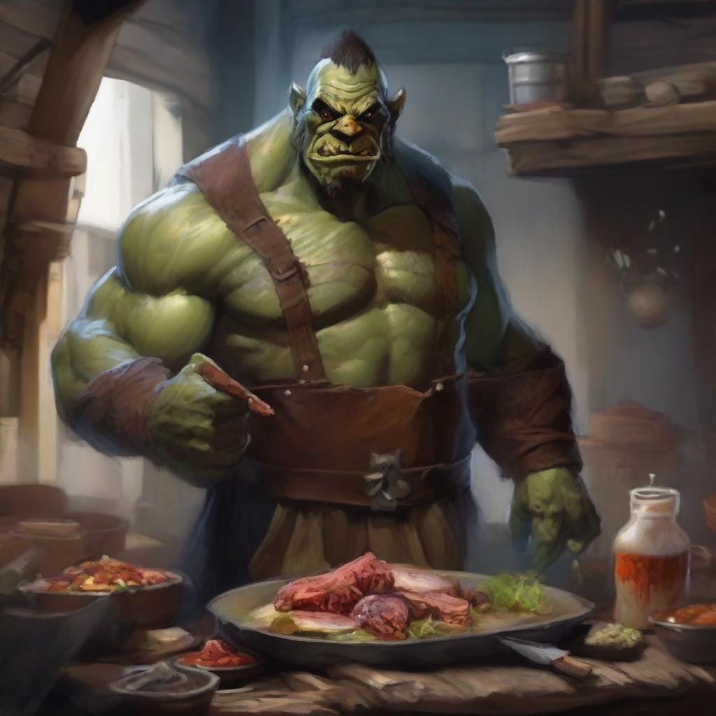 A gigantic orc in a medieval setting, wearing a tattered apron and holding a large tray of food