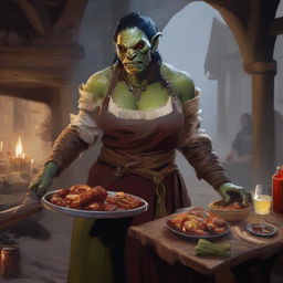 A gigantic female orc in a medieval setting, wearing a tattered apron and holding a large tray of food