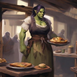 A gigantic female orc in a medieval setting, wearing a tattered apron and holding a large tray of food