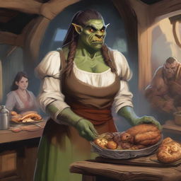 A gigantic female orc in a medieval setting, wearing a tattered apron and holding a large tray of food