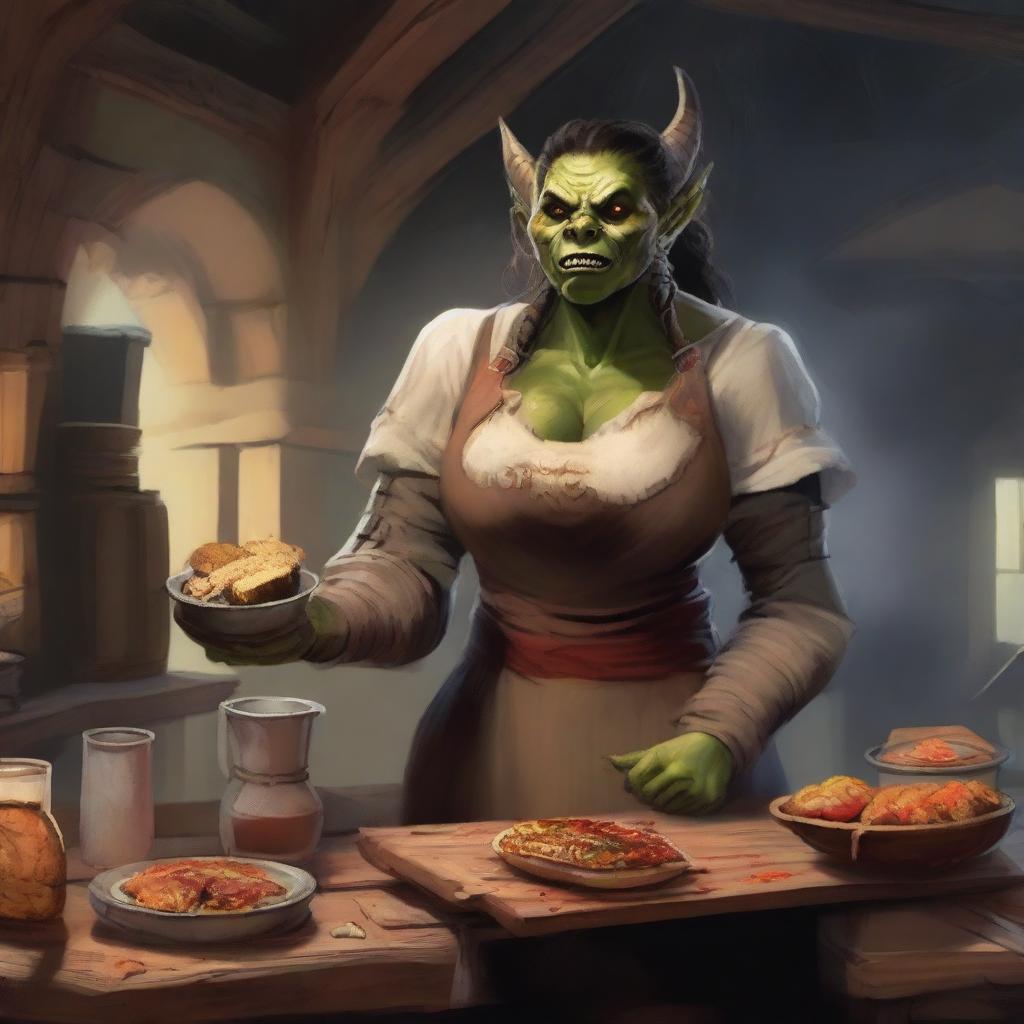 A gigantic female orc in a medieval setting, wearing a tattered apron and holding a large tray of food