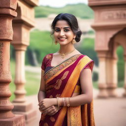 A beautiful Indian girl wearing a traditional saree, standing gracefully with a serene smile on her face