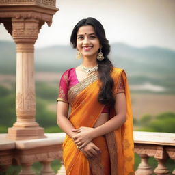 A beautiful Indian girl wearing a traditional saree, standing gracefully with a serene smile on her face