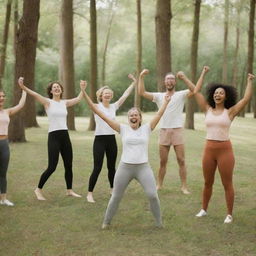 A humorous scene of wellness retreat where participants are cheerfully engaging in quirky exercises, surrounded by a serene natural environment.