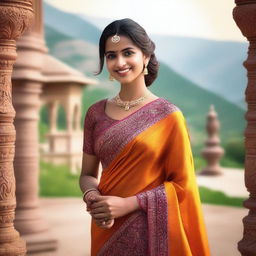 A beautiful Indian girl wearing a traditional saree, standing gracefully with a serene smile on her face